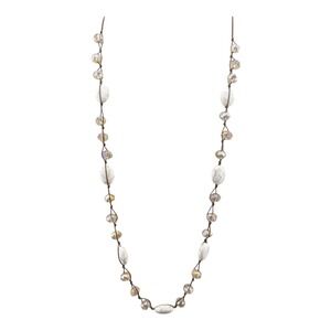 Bohemian Beaded Necklace White Stone Crystal Accents Brown Cord‎ Long